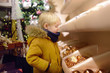 Little boy chooses Christmas decorations in the store.