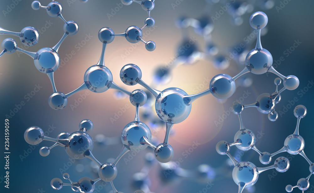 Abstract molecule model. Scientific research in molecular chemistry. 3D illustration on a blue background - obrazy, fototapety, plakaty 
