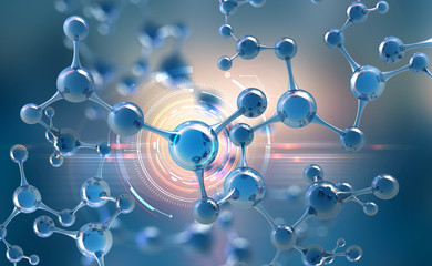 Aufkleber - Abstract molecule model. Digital technology in genetic engineering. Artificial Intelligence in molecular synthesis. 3D illustration on a futuristic background