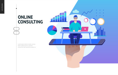 Business series, color 2 - expert online consulting -modern flat vector illustration concept of consultant online from smartphone. Consulting interaction process. Creative landing page design template