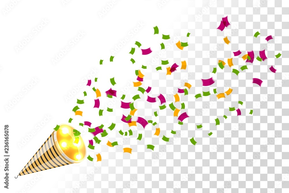 Bright party cracker with kofetti in isometric style on a transparent ...