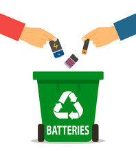The Person's Hand Throws The Used Batteries Into The Recycling Container. Concept Of Garbage Processing. Vector Illustration In A Flat Style On A White Background
