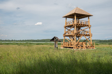 Bird watching tower near the lake 