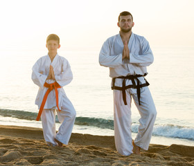 Wall Mural - Man and boy practising karate