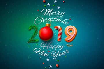 Wall Mural - Merry Christmas and Happy New Year 2019 greeting card, vector illustration.