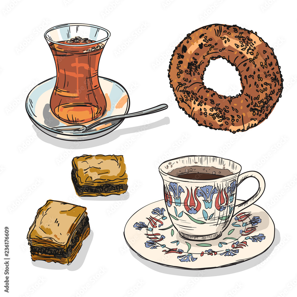 Drawing national turkish food with coffee, tea cup, simit and baklava. Hand drawn traditional turkey bavarages and bagels. - obrazy, fototapety, plakaty 