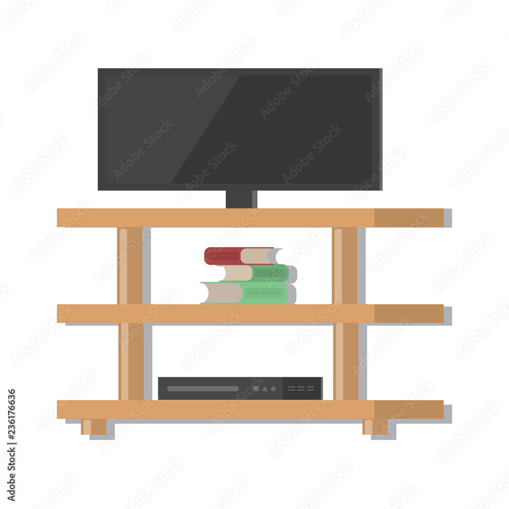 Vector TV standing on table with 3 levels. There are books and DVD ...