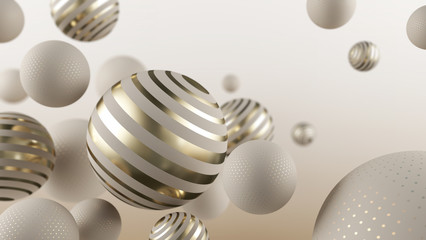 Wall Mural - flying gray and golden spheres. 3d illustration. abstract background with 3d geometric shapes. moder
