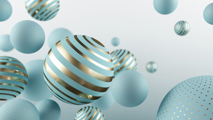 Wall Mural - flying blue and golden spheres. 3d illustration. abstract background with 3d geometric shapes. moder