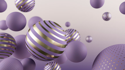 Wall Mural - flying purple and golden spheres. 3d illustration. abstract background with 3d geometric shapes. mod