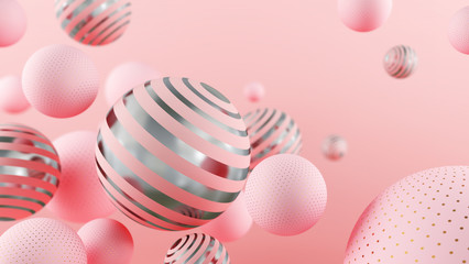 Wall Mural - flying pink and golden spheres. 3d illustration. abstract background with 3d geometric shapes. moder