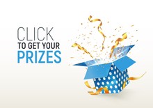 Open Textured Blue Box With Confetti Explosion Inside. Click To Get Your Prizes. Flying Particles From Giftbox Vector Illustration On White Background