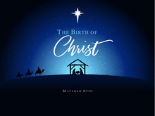 Christmas Scene Of Baby Jesus In The Manger With Mary And Joseph In Silhouette, Surrounded By Star And Three Wise Men On Camels. Christian Nativity With Text The Birth Of Christ, Vector Banner