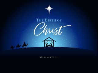 Christmas scene of baby Jesus in the manger with Mary and Joseph in silhouette, surrounded by star and three wise men on camels. Christian Nativity with text The Birth of Christ, vector banner