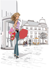 Sticker - Fashion woman portrait with a shopping bag in the city. Hand drawn vector illustration.