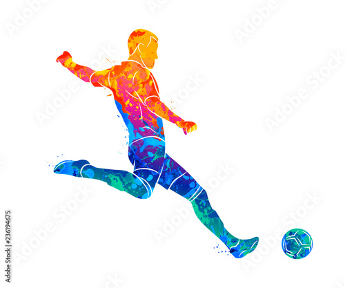 Fotografia Abstract professional soccer player quick shooting a ball from splash of waterco
