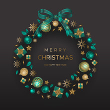 Festive Wreath With Gifts And Christmas Elements On Black Background. Vector Illustration In Modern Style