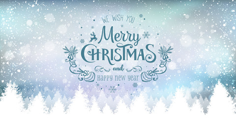 Christmas and New Year Typographical on snowy Xmas background with winter landscape with snowflakes, light, stars. Merry Christmas card. Vector Illustration