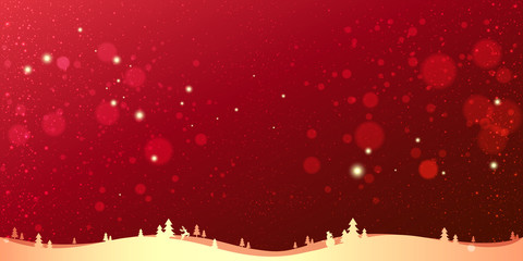 Wall Mural - red winter christmas background with gold landscape, snowflakes, light, stars. xmas and new year car