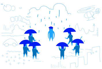 Wall Mural - business people team with umbrella unprotected coworker disappointed outlaw concept hard working process horizontal sketch hand drawn