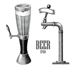 Beer tower and beer dispenser vintage hand draw engraving style isolated on white background