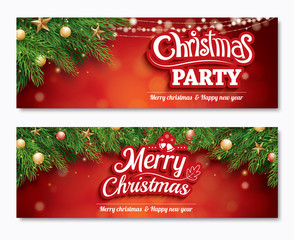 Merry christmas invitation party poster banner and greeting card design template on red background. Happy holiday and new year with gift box theme concept.