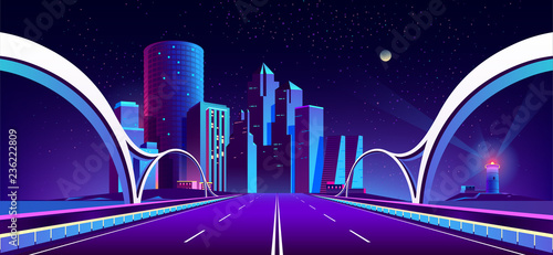 Fotografía Vector concept background with night city illuminated with neon glowing lights