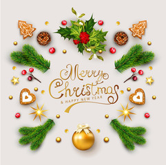 vector template for christmas and new year with decorations branches ate cones , ball, christmas tin