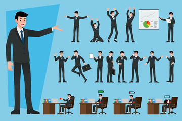 set of businessmen in different type about work theme, presenting earnings, explaining products, dis