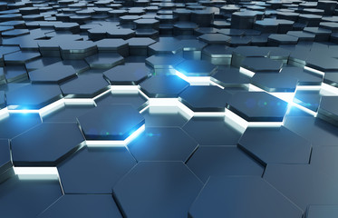 black and blue hexagons background pattern 3d rendering