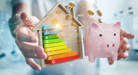 Wall Mural - businessman saving money with good energy chart rating 3d rendering
