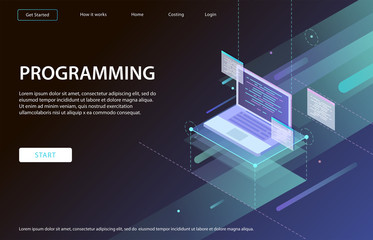 Concept of programming, data processing. Computer code with windows on laptop screen.