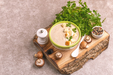 Wall Mural - Tasty pureed mushroom soup in clay bowl with ingredients