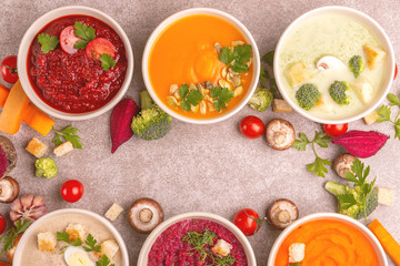 Wall Mural - Variety of colorful tasty vegetables cream soups and fresh ingredients