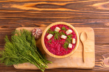 Wall Mural - Bright tasty pureed beetroot soup with ingredients. Healthy food