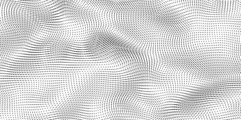 Vector monochrome field visualization of forces. Magnetic or gravitational fluctuations chart. Science backdrop with a matrix of arows with magnitude and direction. Flow representation. Interaction.