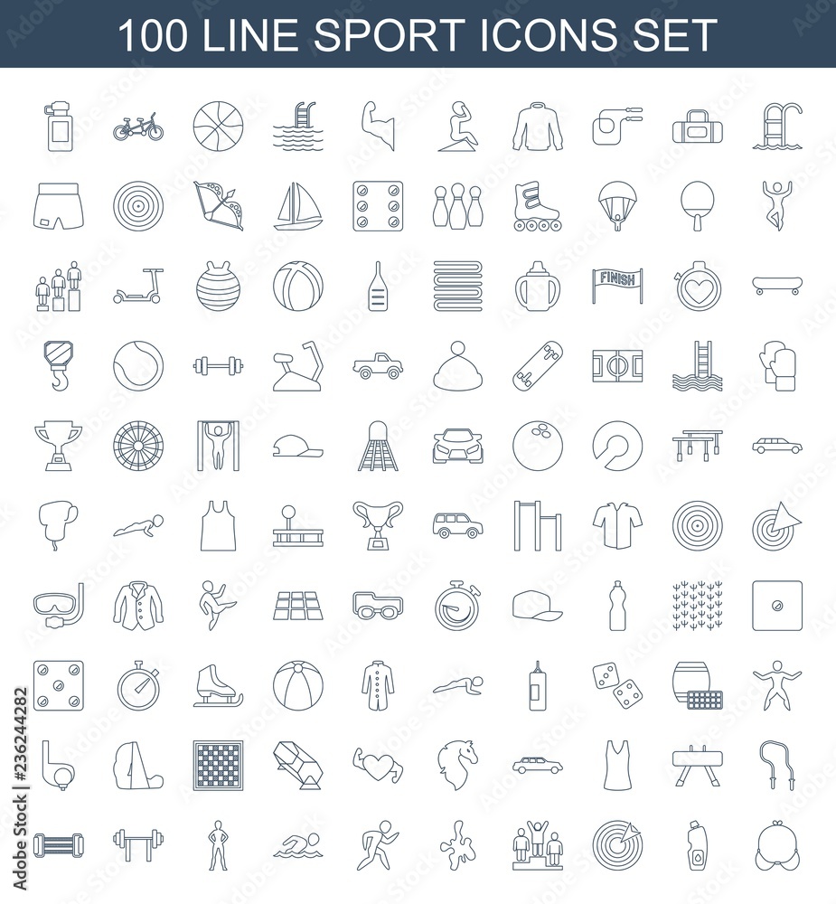 sport icons. Set of 100 line sport icons included bra, water bottle ...