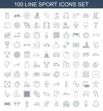Sport Icons. Set Of 100 Line Sport Icons Included Bra, Water Bottle, Target, Ranking, Paintball, Running, Swimming Man On White Background. Editable Sport Icons For Web, Mobile And Infographics.