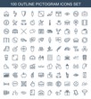 © HN Works - pictogram icons. Set of 100 outline pictogram icons included filter, photo, gift, distance, cat, book, eye on white background. Editable pictogram icons for web, mobile and infographics.