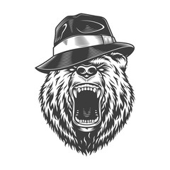 Wall Mural - monochrome gangster bear head in hat