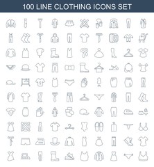 Sticker - clothing icons. Set of 100 line clothing icons included sport bra, panties, dress, jacket, man shoe, boot on white background. Editable clothing icons for web, mobile and infographics.