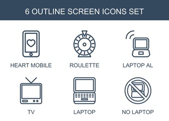 Wall Mural - screen icons. set of 6 outline screen icons included heart mobile, roulette, laptop al, tv, laptop, 