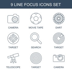 Wall Mural - focus icons. Set of 9 line focus icons included camera, movie tape, dart, target, search, telescope on white background. Editable focus icons for web, mobile and infographics.