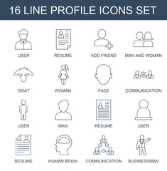 Wall Mural - profile icons. Set of 16 line profile icons included user, resume, add friend, man and woman, goat, woman on white background. Editable profile icons for web, mobile and infographics.