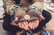 canvas print picture - Hand palm homeless dirty with receive donation a gold bitcoin