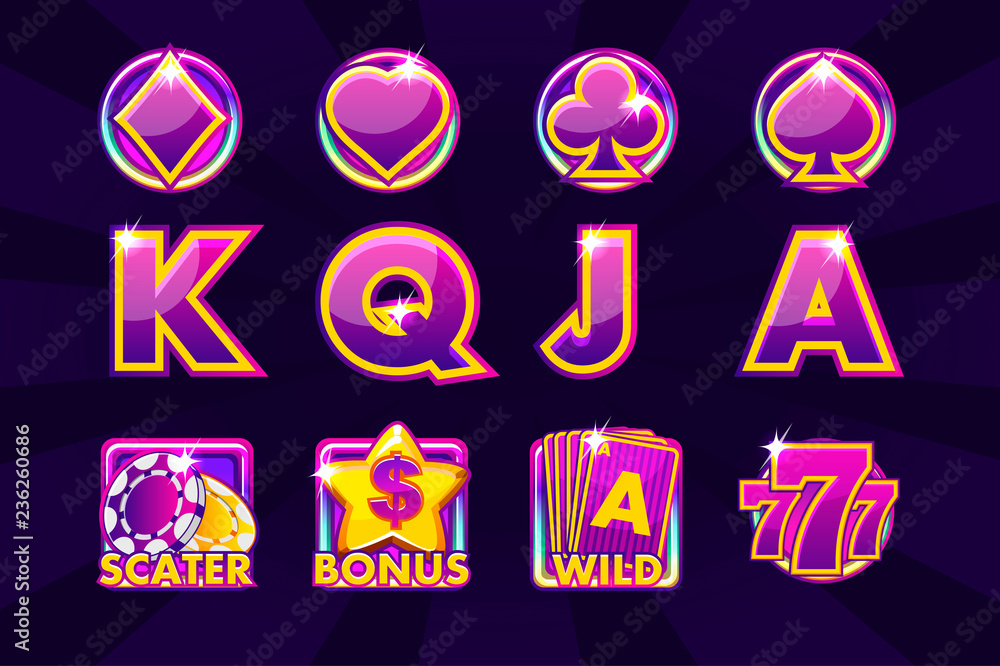 Vector icons of card symbols for slot machines and a lottery or casino in purple colors. Game casino, slot, UI