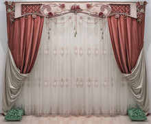 An Interior In The Classical, Palace Style. Double-sided Curtains. Pelmet Is Decorated Flowers, Beads And Cords.