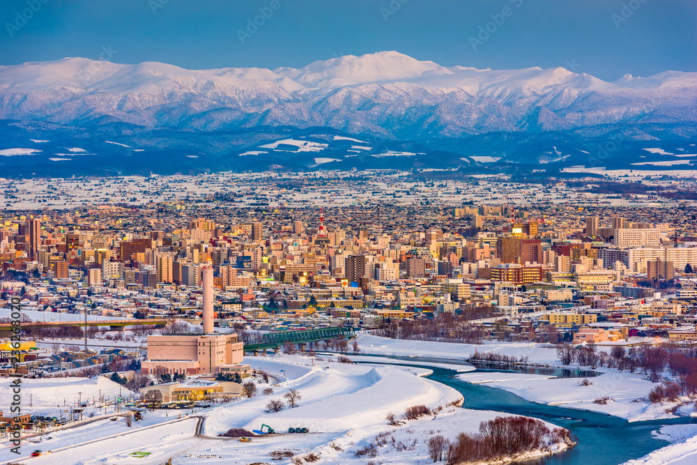 Asahikawa, Hokkaido, Japan Winter Skyline - obrazy, fototapety, plakaty 