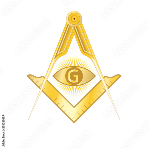 Fotografia, Obraz Golden masonic square and compass symbol, with G letter in an eye on sun rays