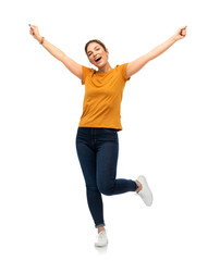emotions and people concept - happy young woman or teenage girl in blank orange t-shirt having fun o